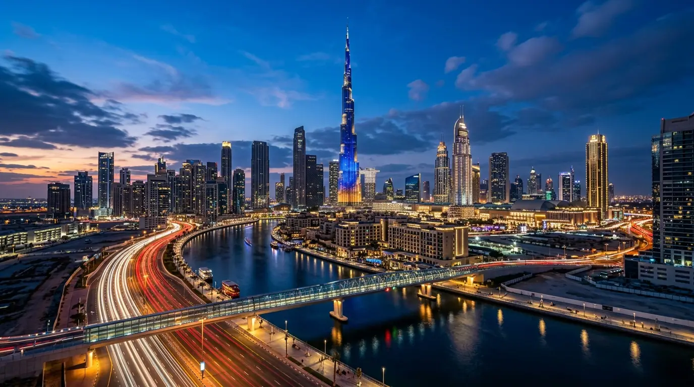 Dubai city skyline dusk panorama cover background