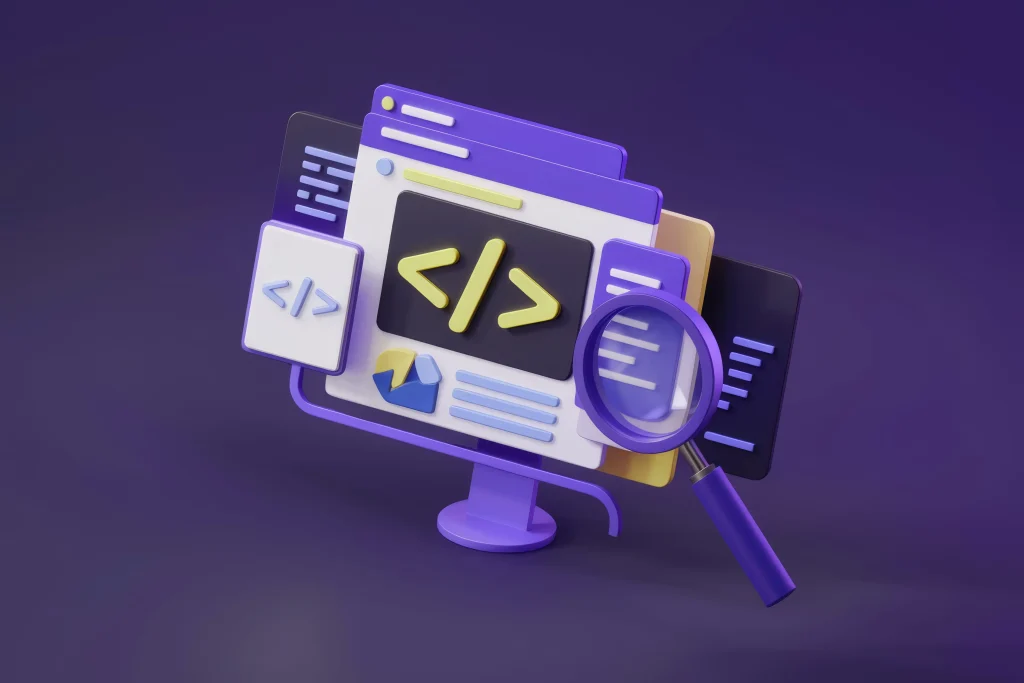 A professional 3D illustration by Mint Digital Solutions featuring a sleek monitor with coding symbols and a magnifying glass on a vibrant purple background, symbolizing the precision and innovation of modern web development