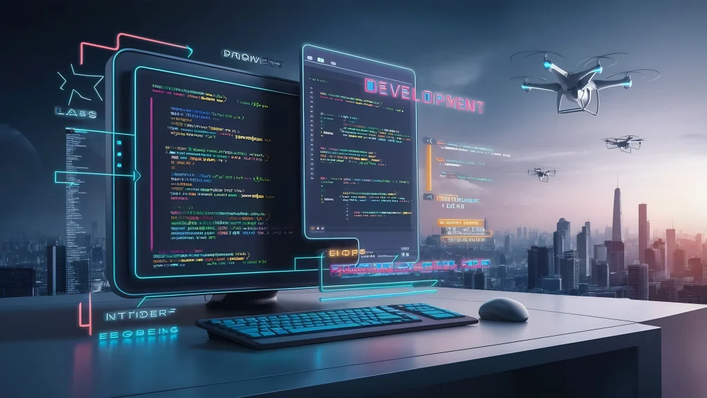 Futuristic office with a computer displaying colorful code. Floating drones and digital overlays suggest advanced technology and innovation against a cityscape Mint Digital Solutions