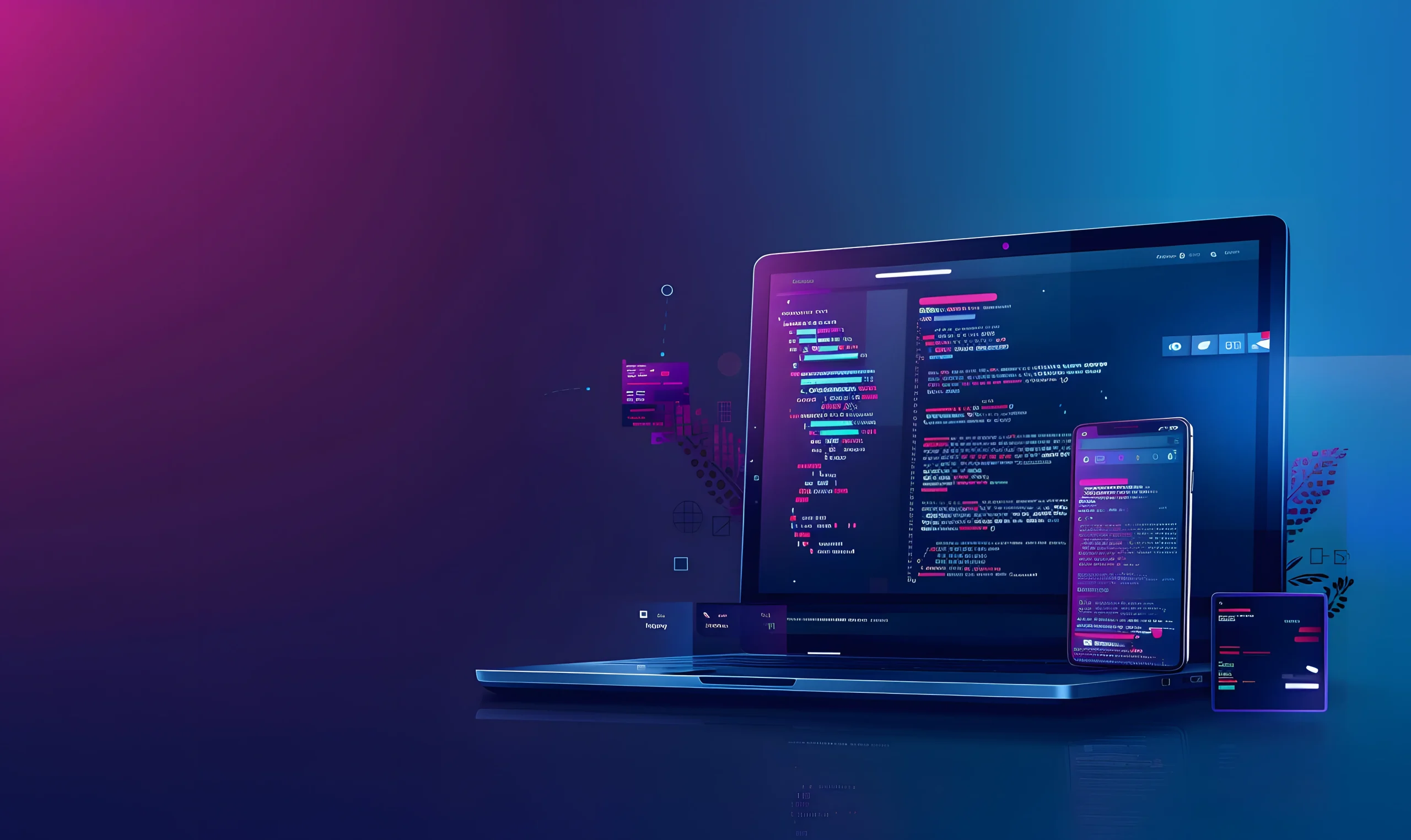 A laptop displays coding software, with pink and blue neon tones creating a futuristic vibe. Nearby, a smartphone and tablet show similar screens Mint Digital Solutions