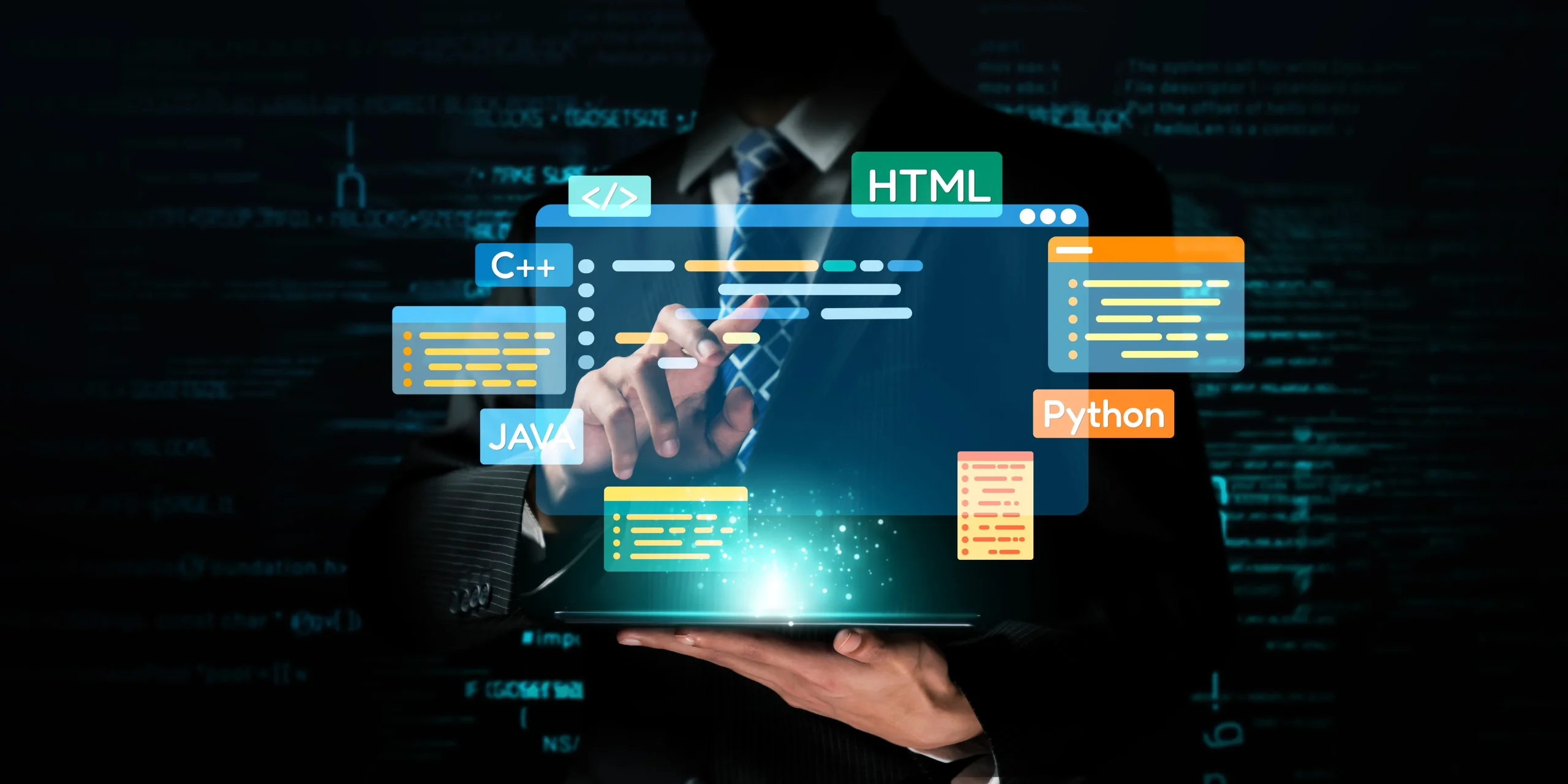 A person in a suit interacts with a glowing virtual interface displaying programming languages like HTML, Python, C++, and Java. The scene is futuristic and digital Mint Digital Solutions