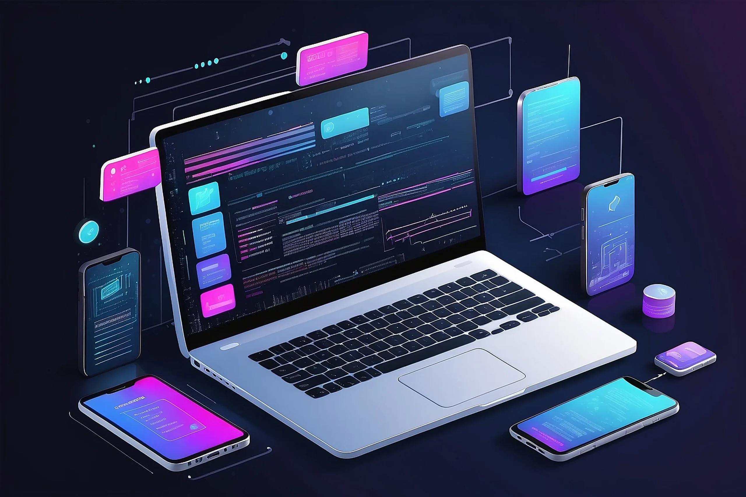 Laptop displaying vibrant code, surrounded by floating smartphones and tablets with colorful apps. Futuristic digital technology and innovation theme Mint Digital Solutions