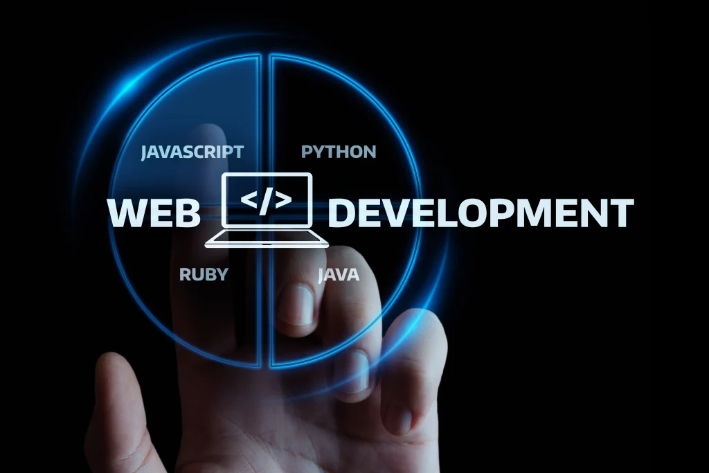 A hand touches a glowing circular interface displaying "Web Development" with programming languages: JavaScript, Python, Ruby, and Java, on a black background Mint Digital Solutions