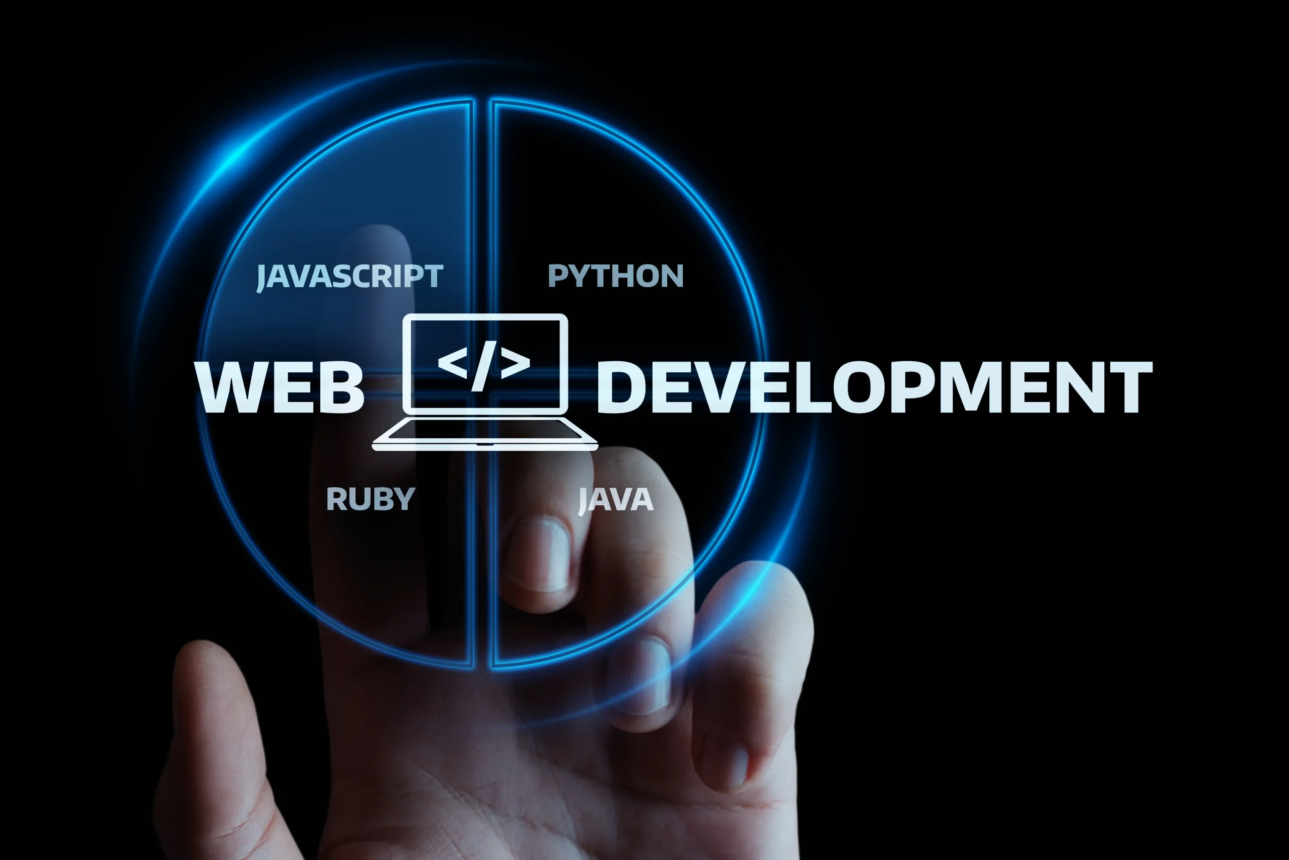 A hand touches a glowing circular interface displaying "Web Development" with programming languages: JavaScript, Python, Ruby, and Java, on a black background Mint Digital Solutions
