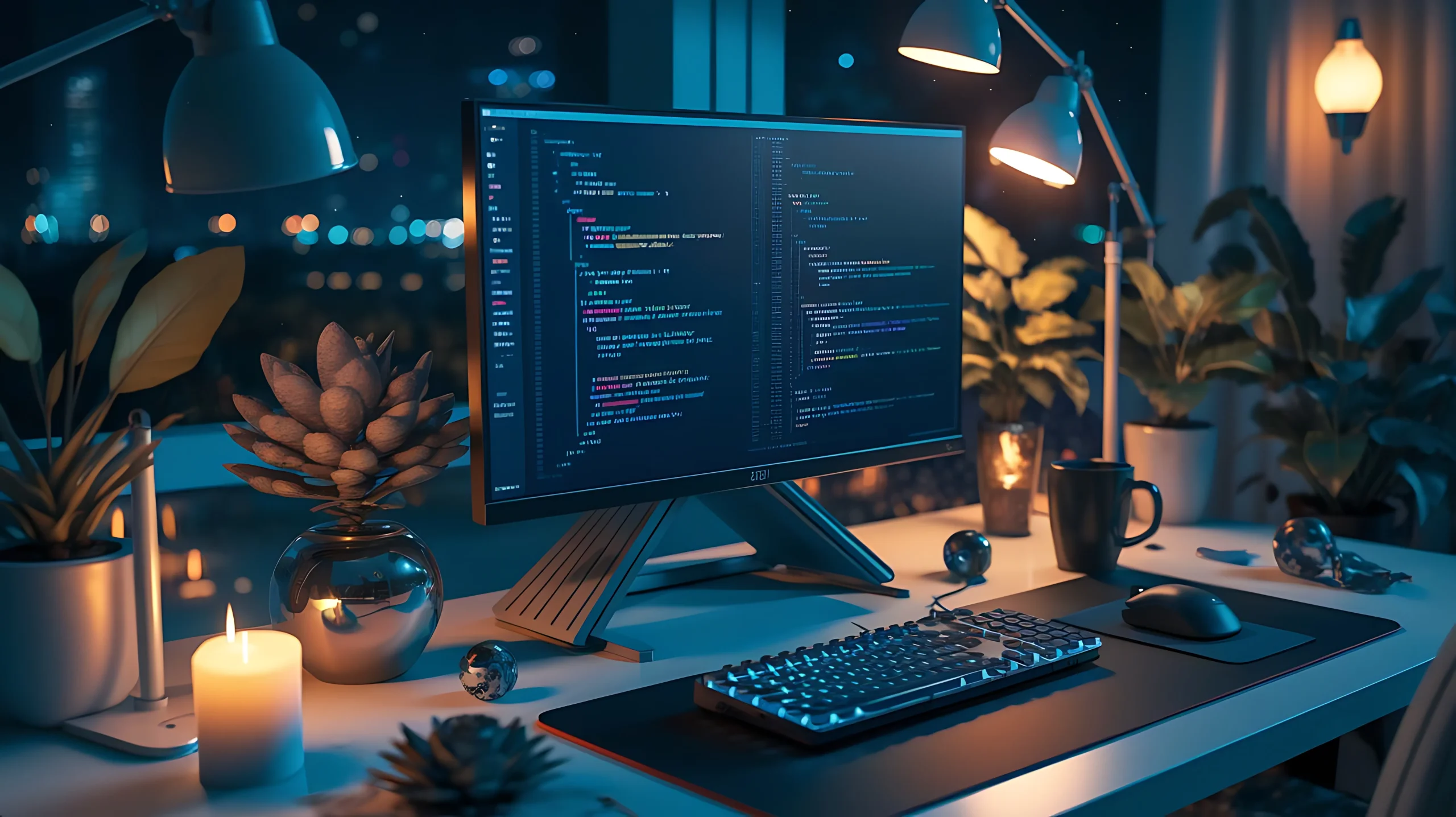 Mint Digital Solutions showcased in a dimly lit workspace, with a glowing monitor displaying code, surrounded by plants, lamps, a keyboard, mouse, and a lit candle, creating a warm and cozy atmosphere.