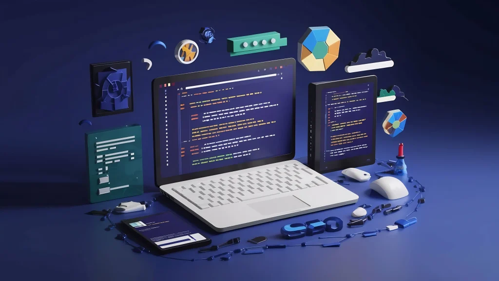 3D illustration of a laptop, tablets, and a smartphone displaying colorful code, surrounded by abstract geometric shapes on a dark blue background, conveying a modern and dynamic tech environment Mint Digital Solutions