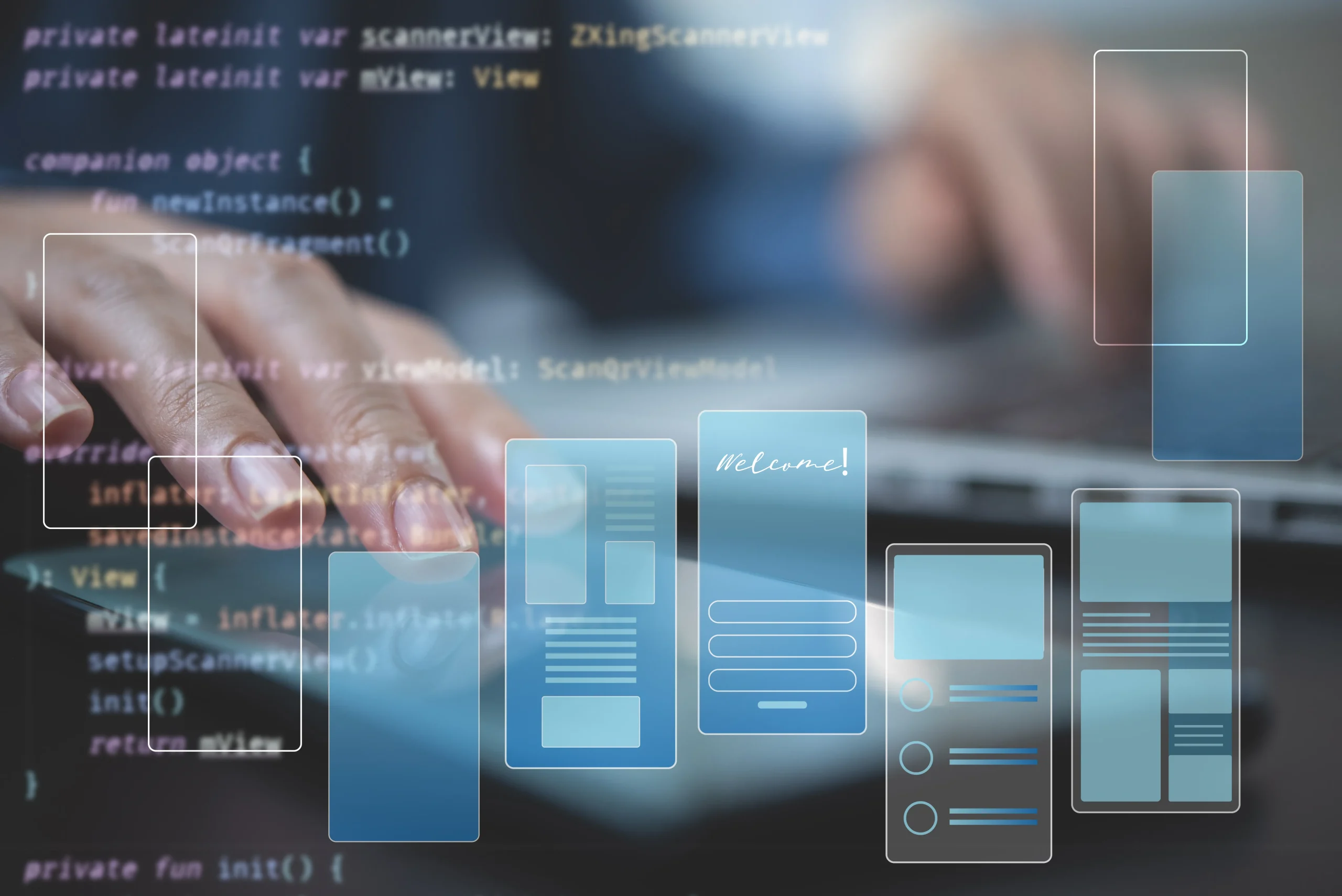 Hands typing on a laptop keyboard with floating digital UI wireframes overlaid. Background displays blurred code, conveying a tech-focused atmosphere. mint digital solutions